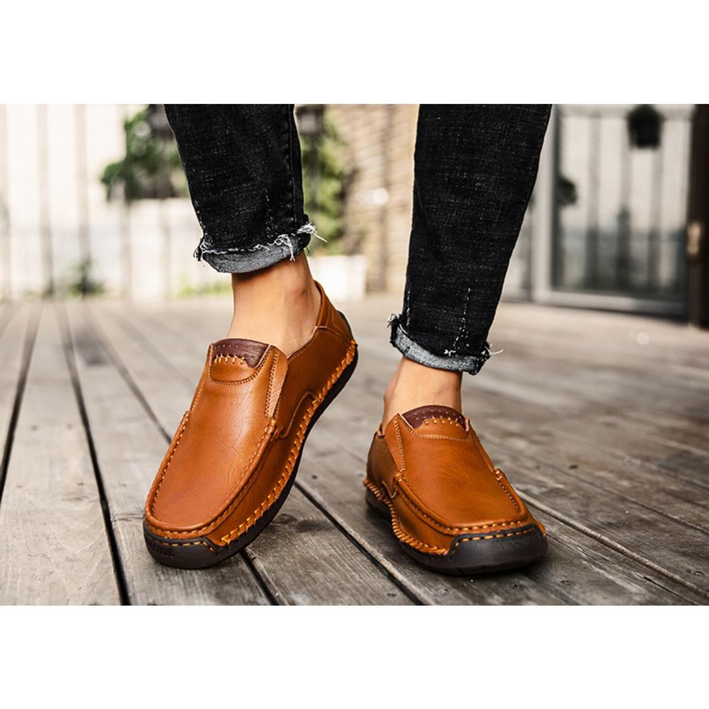 Ręcznie Szyte Męskie Outdoorowe Buty Casualowe, Skórzane Buty na Płaskiej Podeszwie, Niskie Buty Oversize