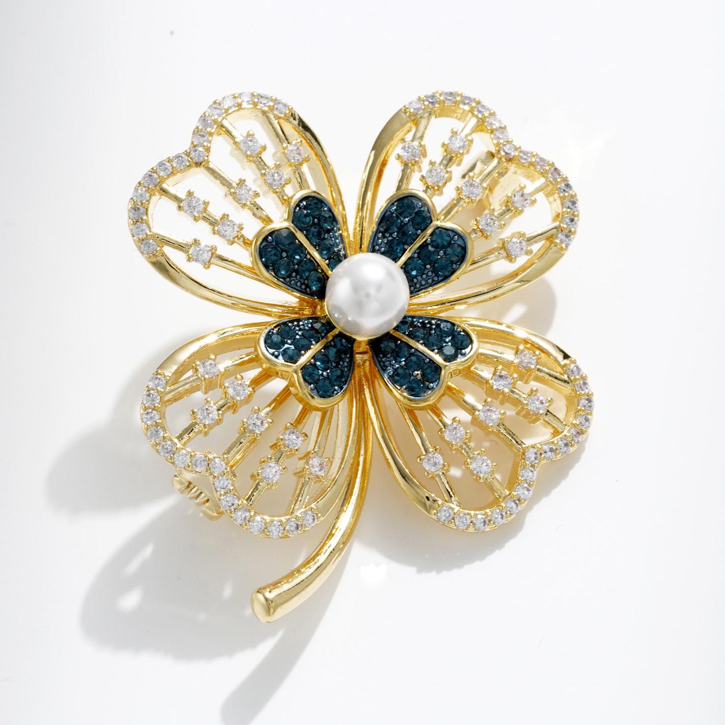 Bo Xin Yun Luxury Copper Zircon Four-Leaf Clover Brooch - Fashionable Pastoral Plant Accessory