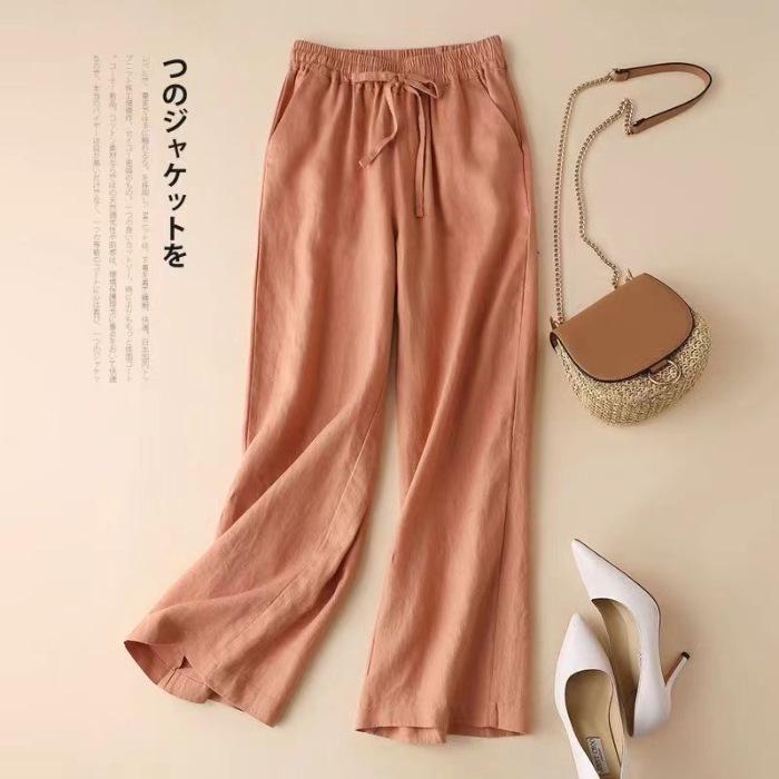 Women's High-Waisted Cotton-Linen Wide-Leg Pants - 2024 Summer Slimming, Versatile, Loose, Straight-Leg Design