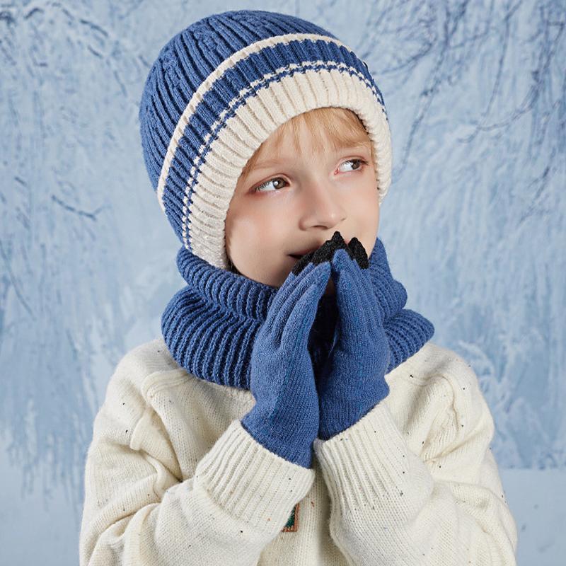 3Pcs Children Winter Hat Neck Warmer Gloves Set Fleece Lining Kids Beanie Scarf Suit Outdoor Child Cap for Girls Boys 4-10Y