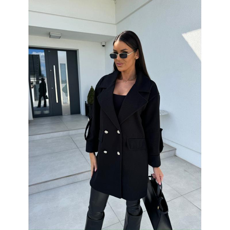 Women's European and American Solid Color Woolen Overcoat with Suit Collar