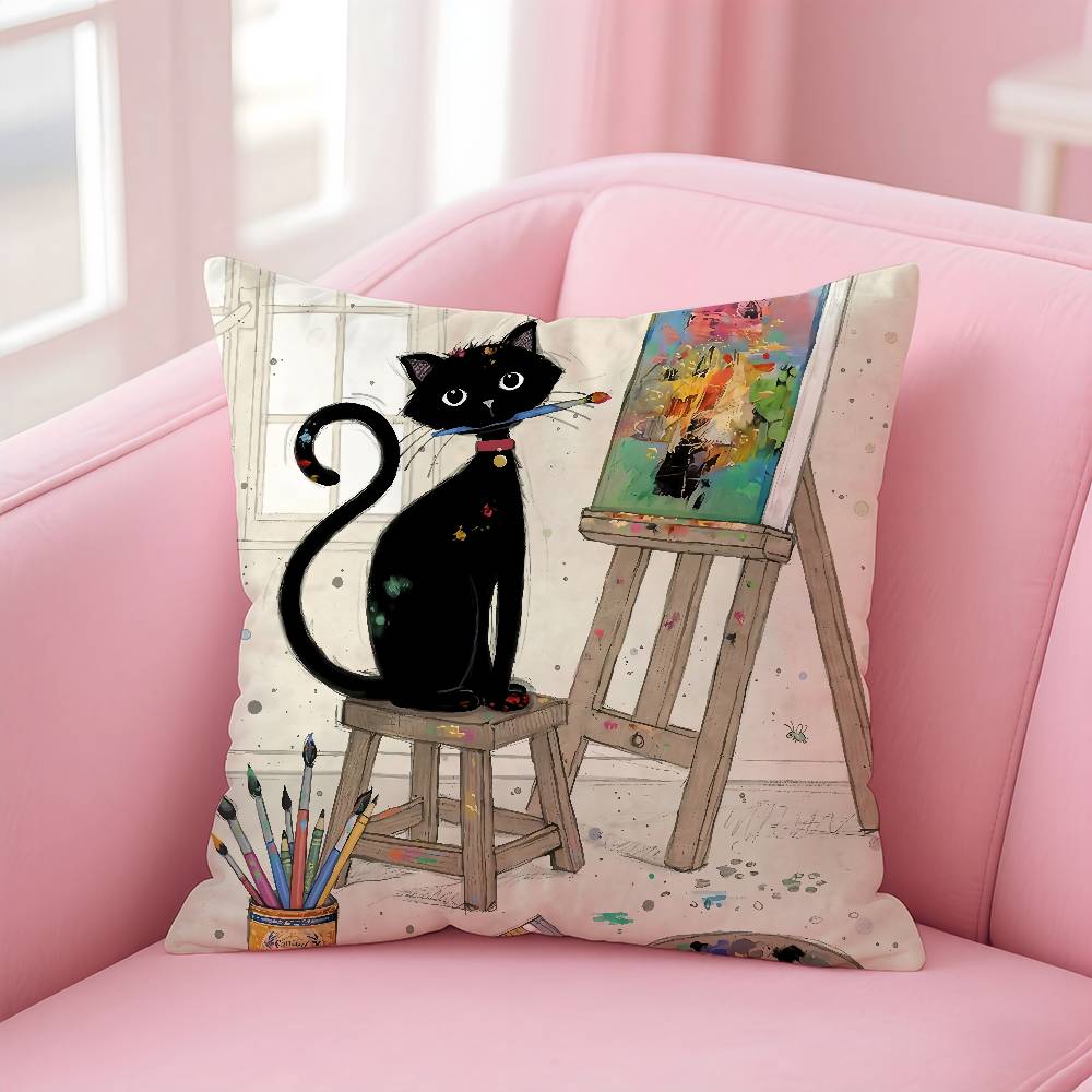 Cartoon Little Black Cat Cute Pillow Case Pattern Printed Pillowcase For Living Room Sofa Cushion Cover & Bedroom Decor
