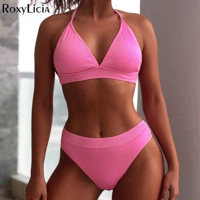 Sexy Ribbed Halter Female Swimsuit High Waist Bikini Women Swimwear Two-pieces Bikini Set Bather Bathing Suit Swim Lady