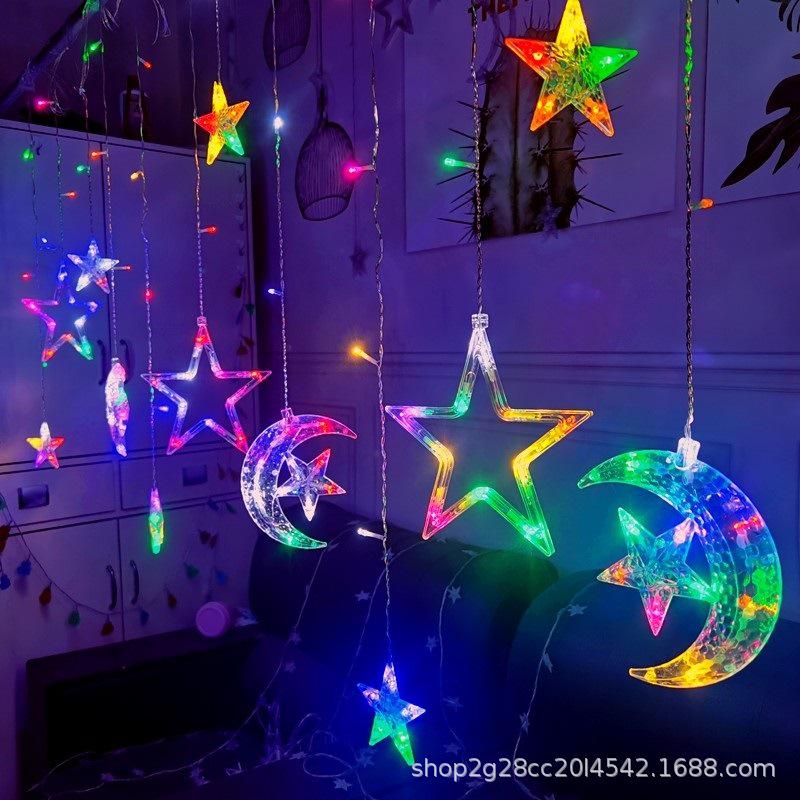 LED Moon & Star Curtain Lights, Waterproof Outdoor String Lights for Holiday and Room Décor