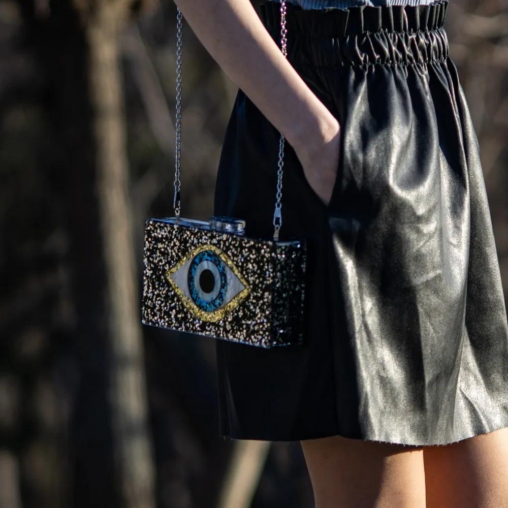 Boutique De FGG Evil Eye Acrylic Purse Women Black Evening Bags and Clutches Chain Shoulder Crossbody Bag Party Prom Clutch
