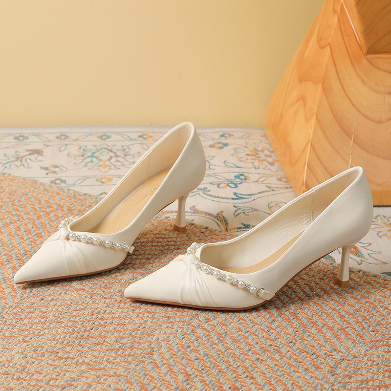 

Свадебные туфли Сюхэ с жемчугом: Женские туфли-стилеты на высоком каблуке из шелка и овчины с острым носком 39 грязно-белый