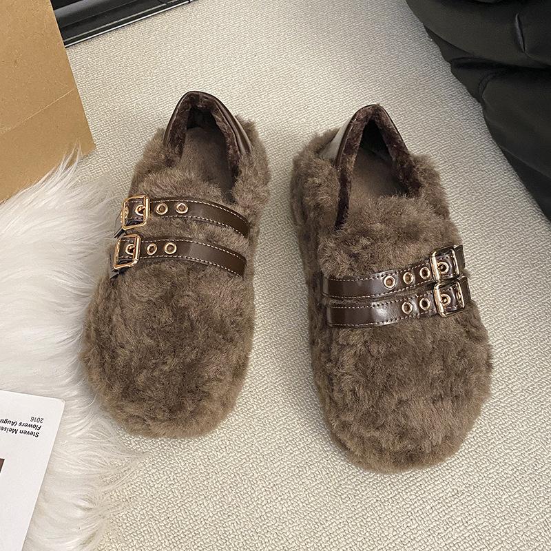 Warm Fluffy Shoes for Women with Thick Soles and Two Pedals To Wear 2025 Winter New Velvet Cotton Shoes Casual Lazy Doudou Shoes