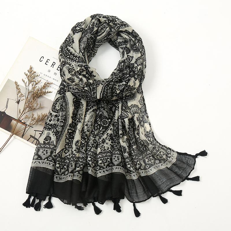 Newest Flower Printed Scarf Hijabs Tassels Women Shawls Cotton Muslim Hijab Headscarf Wraps Large Size Fashion Head Scarves