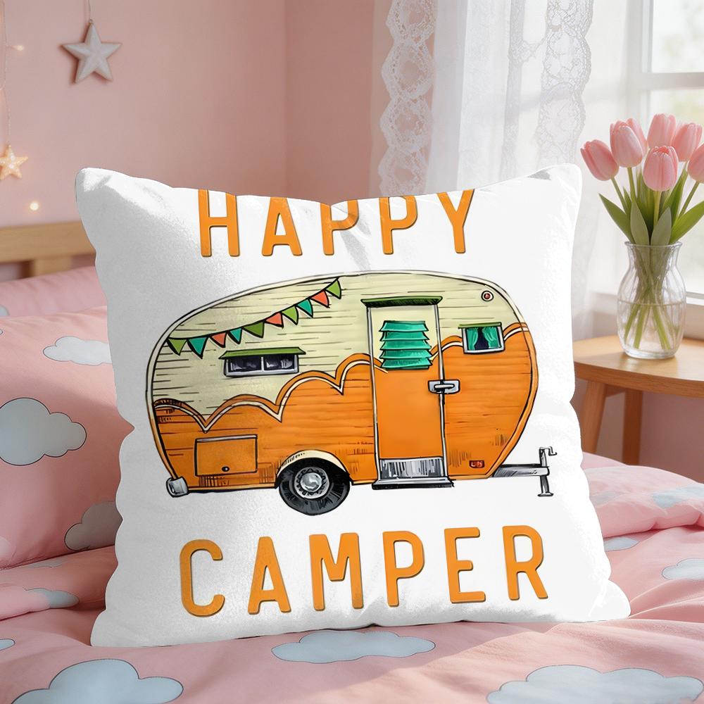 Happy Camping RV Camper Car Cushion Cover Square Short Plush Pillow Case Living Room Sofa Home Decor Funda X