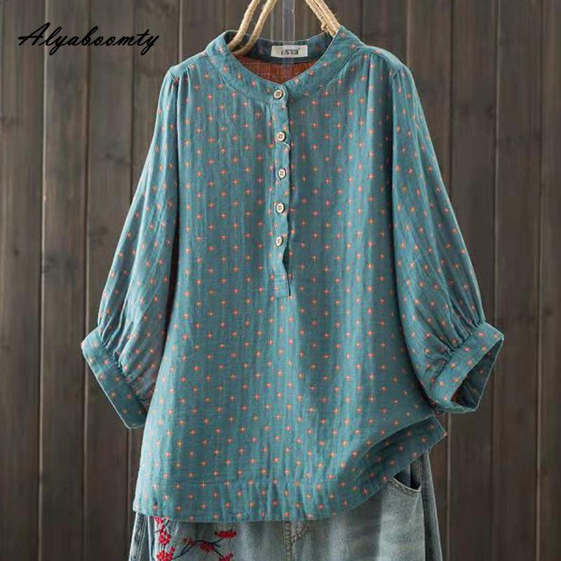 7 Colors Spring Summer Women Casual Blouse Stand Collar Pink Orange Yellow Blue Baggy Shirt Cotton Loose Ladies' Basic Blouse