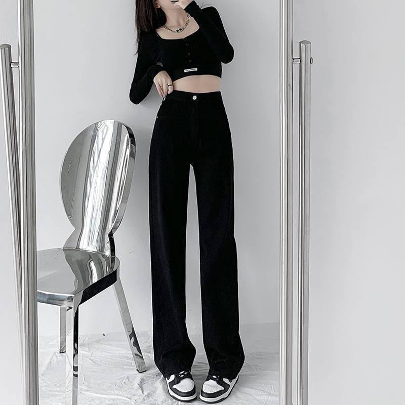 Damen Jeans mit hohem Bund, geradem Bein und weiter Passform, Frühling/Herbst 2022 - Schlankmachend, Vielseitig, Guter Fall, Bodenlang.