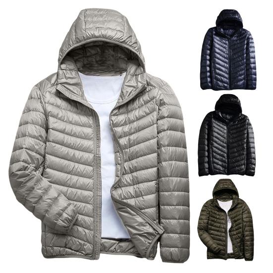 Men Cotton Jacket Hooded Long Sleeve Solid Color Down Coat with Pockets Full Zipper Closure Thin Quilted Winter Outwear
