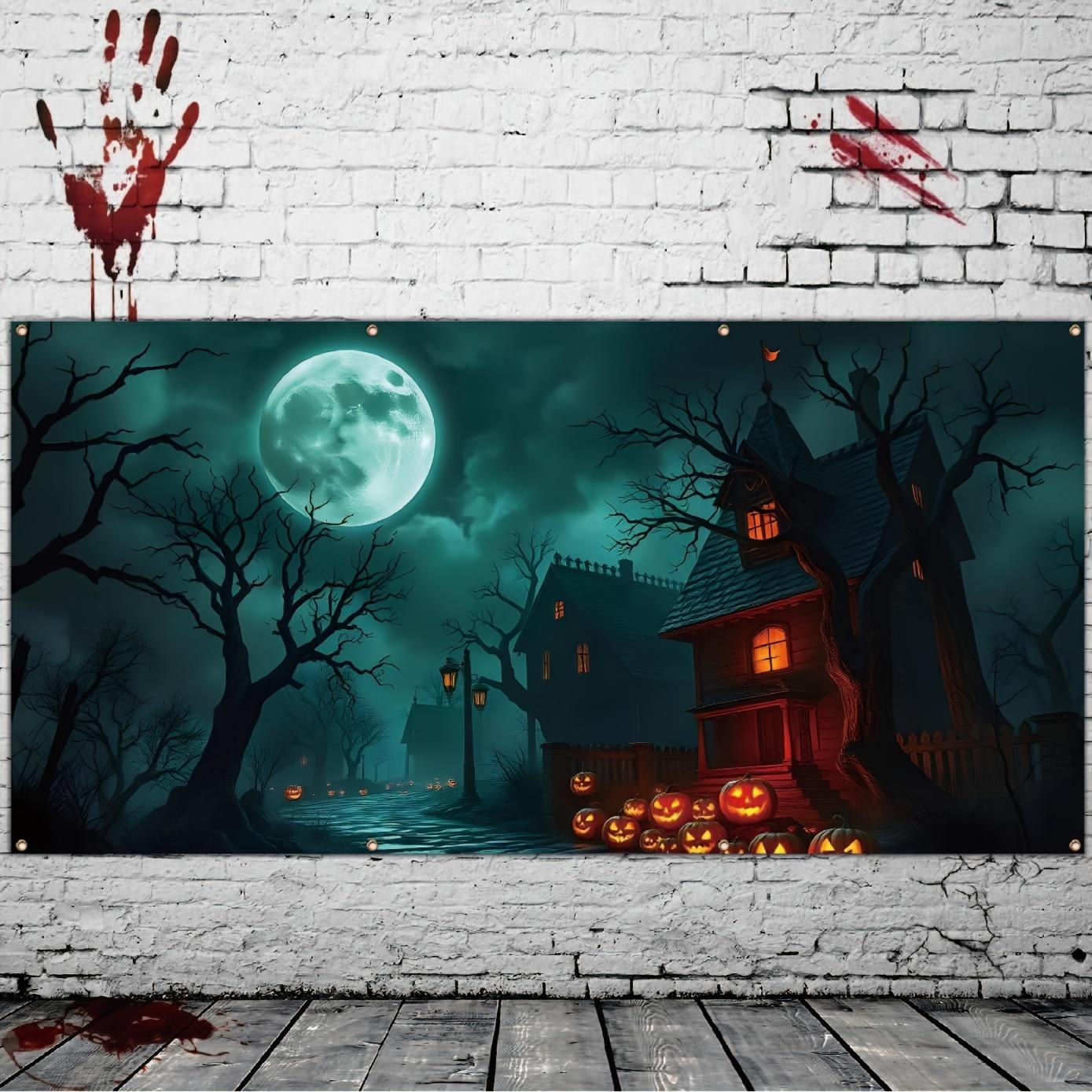 Extra-large Halloween haunted house garage banner - Full moon and castle ruins design, featuring creepy pumpkin lanterns 100x150cm