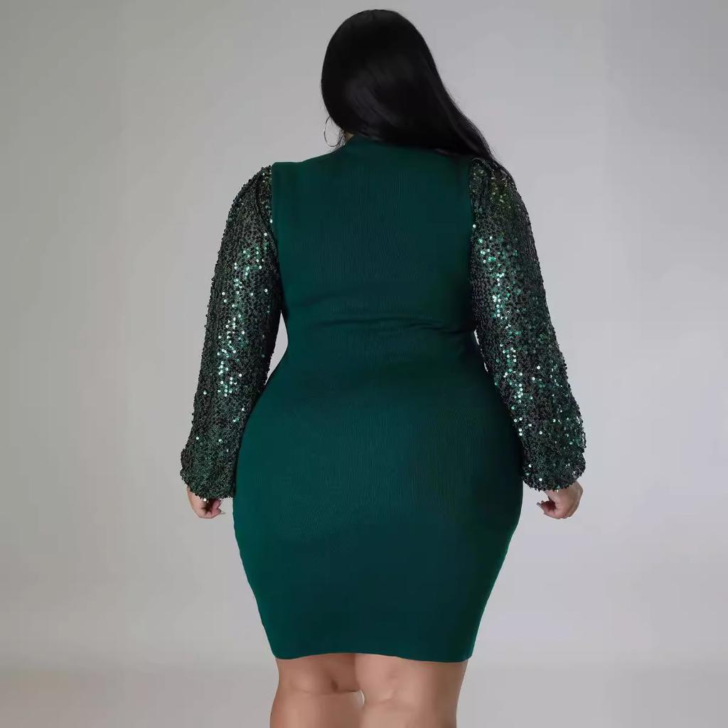 Women's Dress Plus Size Sexy Solid Colour Sequins Bubble Sleeve Dresses