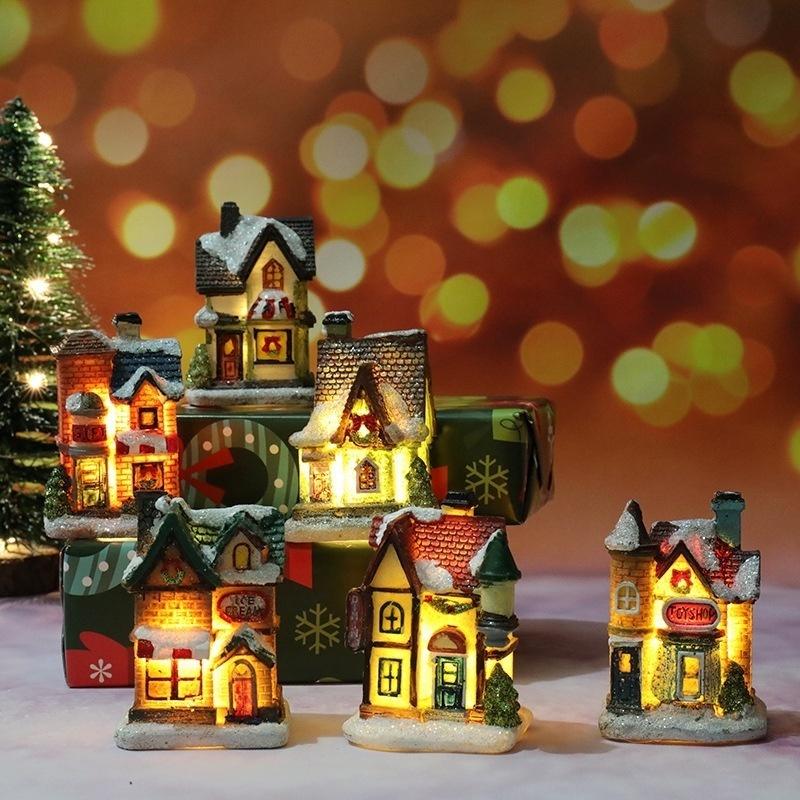 Christmas Home Decoration Miniature Village House Building Ornaments Resin LED Buildings Gift
