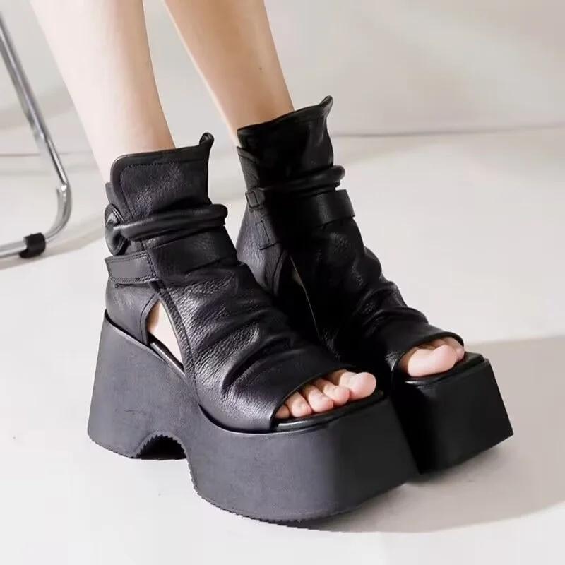 

Platform Leather Retro Summer Short Boots 2025 Spring New Wedge Heel Peep Toe Sandals Black/brown Casual Women Boots 38 чёрный