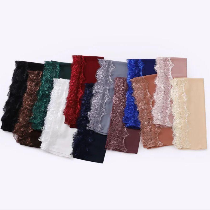 New Muslim Chiffon Hijab With Lace Muslim Scarf Long Shawls Solid Headscarf Wraps Embroidered Lace Muslim Turban Femme Hijab