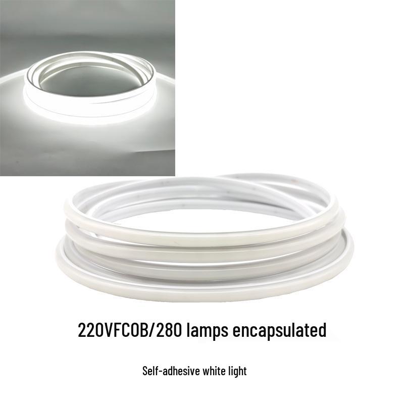 220V LED FCOB Strip - 240 LEDs, High Brightness, Even Illumination, 10cm Cuttable, Self-Adhesive.