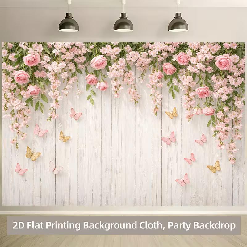 2D Flat Printing White Wood Plank Background Cloth with Pink Flowers for Birthday Party Photoshoot