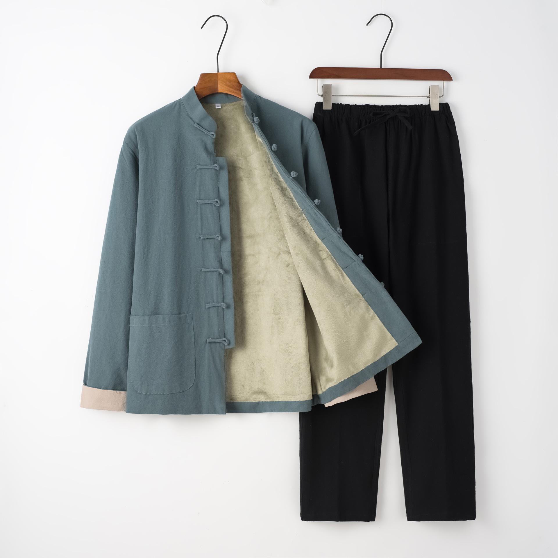 

Men s Autumn/Winter Cotton-Linen Tang Suit Set: Retro Chinese Style with Velvet for Warmth XL (63-68 kg)