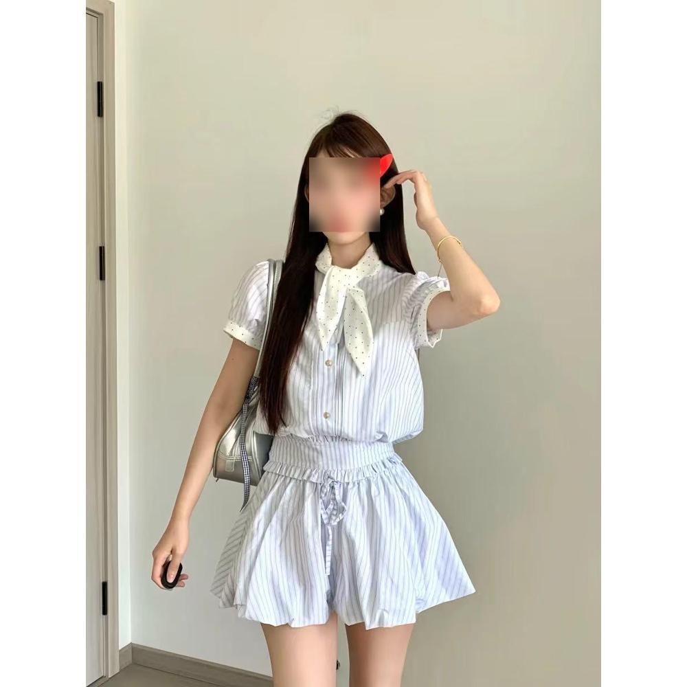 New Small Korean College Style Women's Clothing Summer Wear Temperament Short Skirt Shirt Striped Dress Elegant