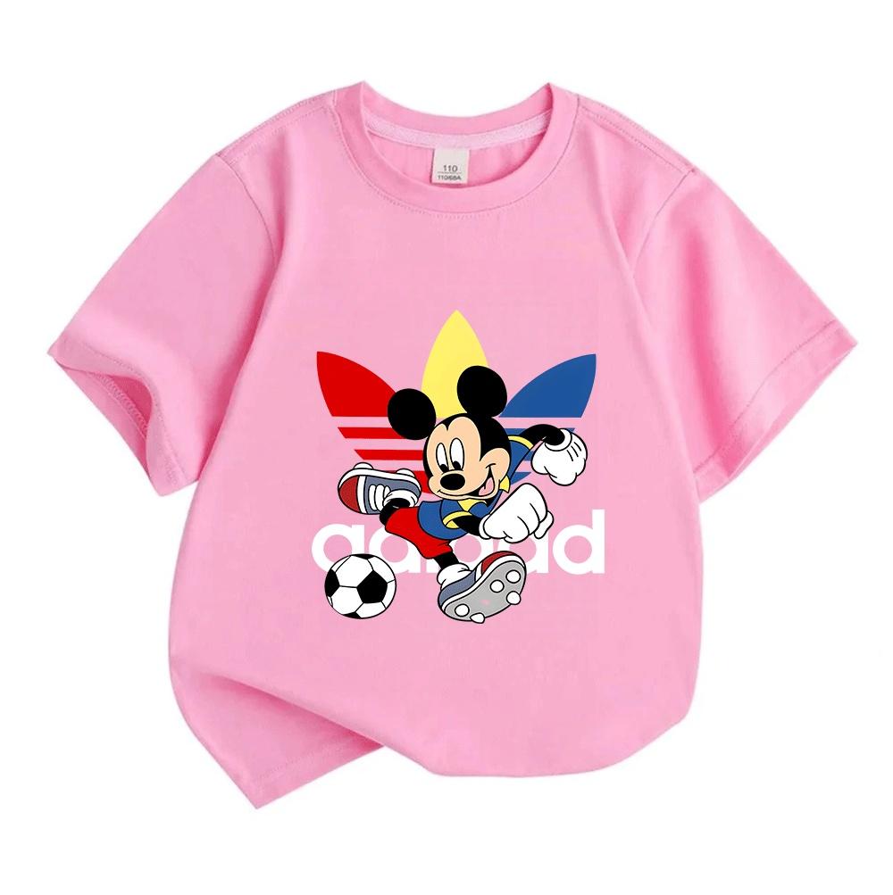 Kids Boys Girls 100% Cotton Crew Neck Short Sleeve T-Shirt, Cute Cartoon Football Playing Mouse Print Casual Soft Breathable Summer Top for Children D