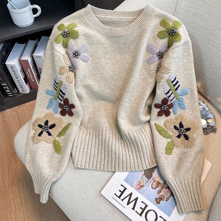 

Embroidered Flower Women s Sweater Round Neck Solid Color Knitted Pullover Woman Loose Korean Style Casual Warm Autumn Top onesize