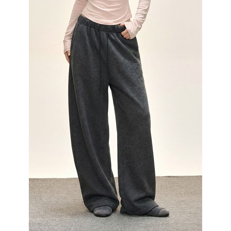 Shiyiyue Sporty Loose Casual Pants for Women, Autumn and Winter Elastic Waist Fleece-Lined Sweatpants with Drawstring, Straight Wide-Leg Long Pants