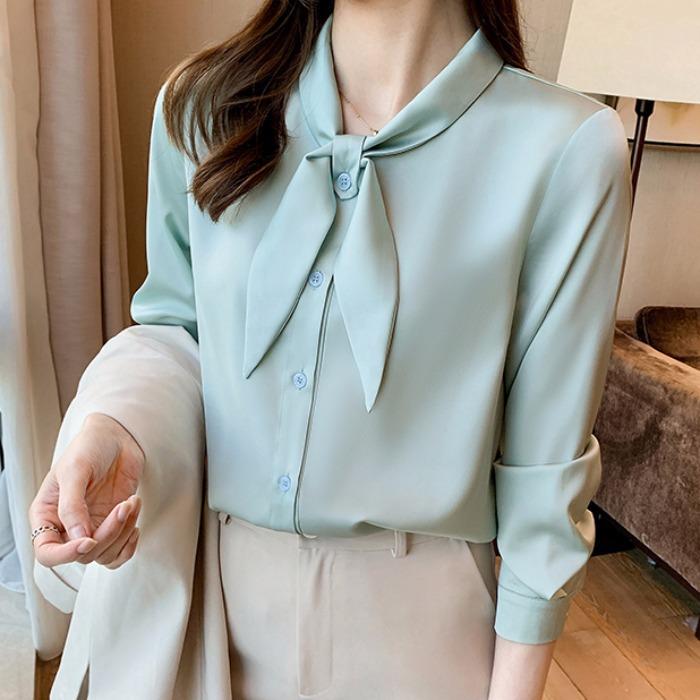 

Белая рубашка с бантом для женщин с длинным рукавом, весна и осень, атласная профессиональная официальная одежда, рабочая одежда, верхняя дизайнерская ниша 2XL