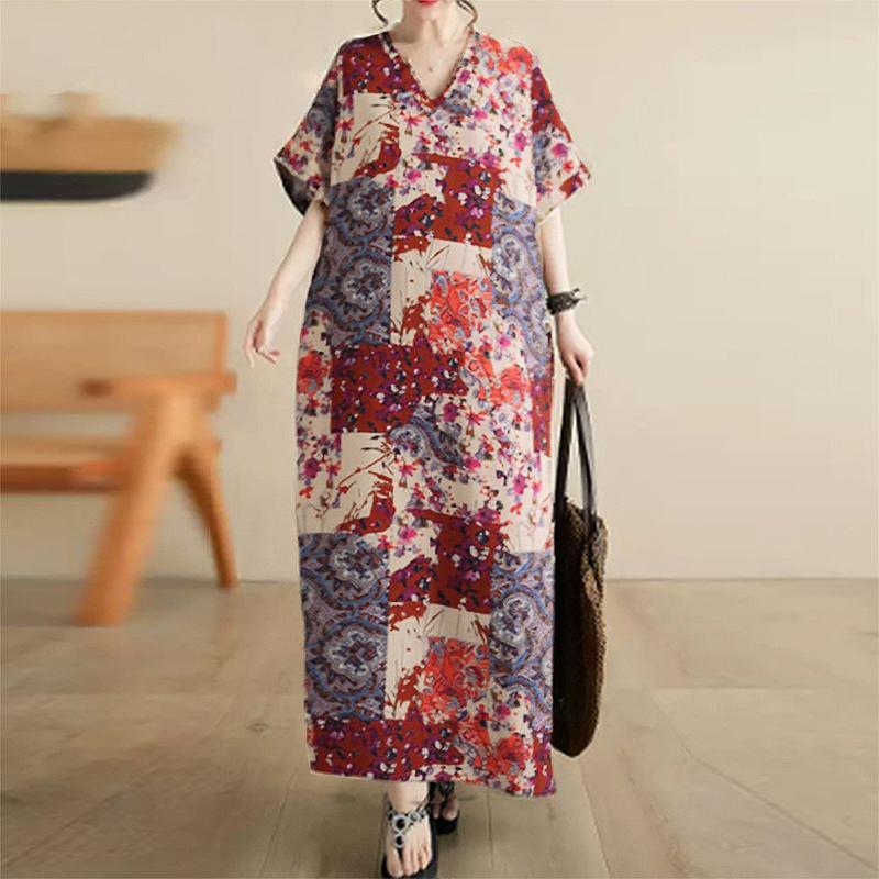 ZANZEA Womens Vintage Short Sleeve Floral Print Casual Long Dress