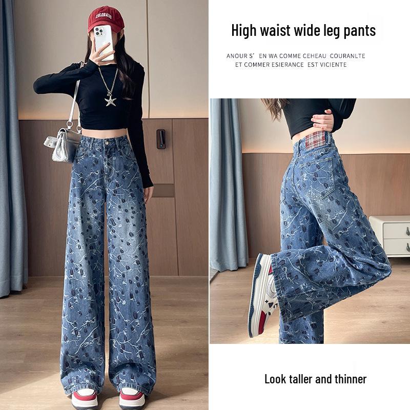 

Women s Retro Floral High-Waisted Wide-Leg Jeans - Petite Fit, Loose, Slimming, Floor-Length Trousers Large