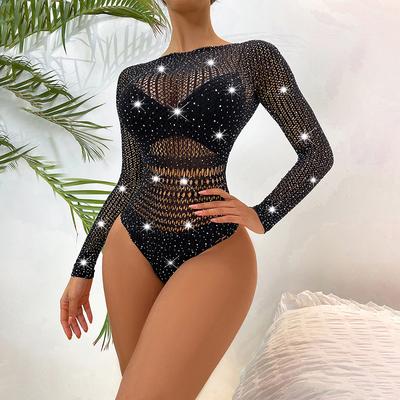 Sexy dámské body kombinézy s kamínky na zádech síťované dámské tělové obleky