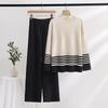 Autumn and Winter Knitted Wide-leg Pants Sweater Set Pullover Elastic Contrast Color Casual Loose Two-piece Women's Clothing