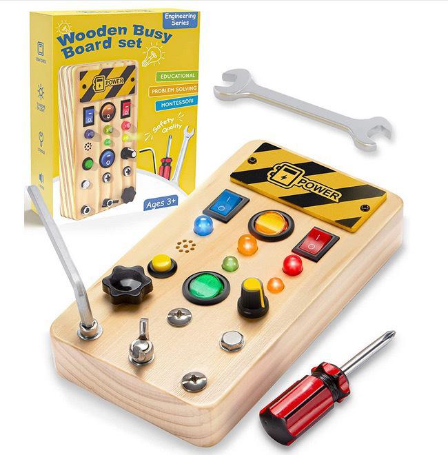 Interactive LED Wooden Busy Board: Children's Early Education Toy with Switches & Sockets