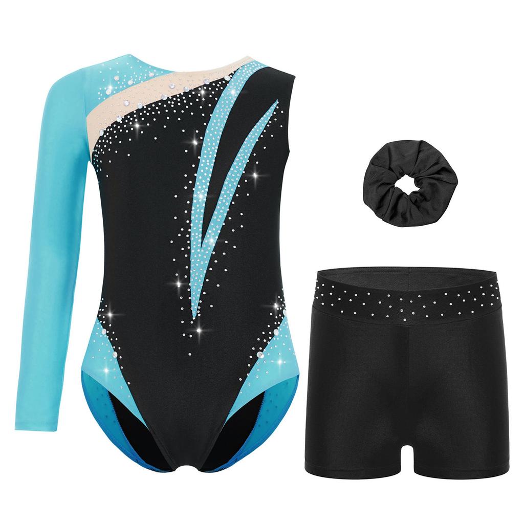 Girls Rhinestone Color Block Asymmetrical Leotard Round Neck Gymnastics Skating Outfit Set
