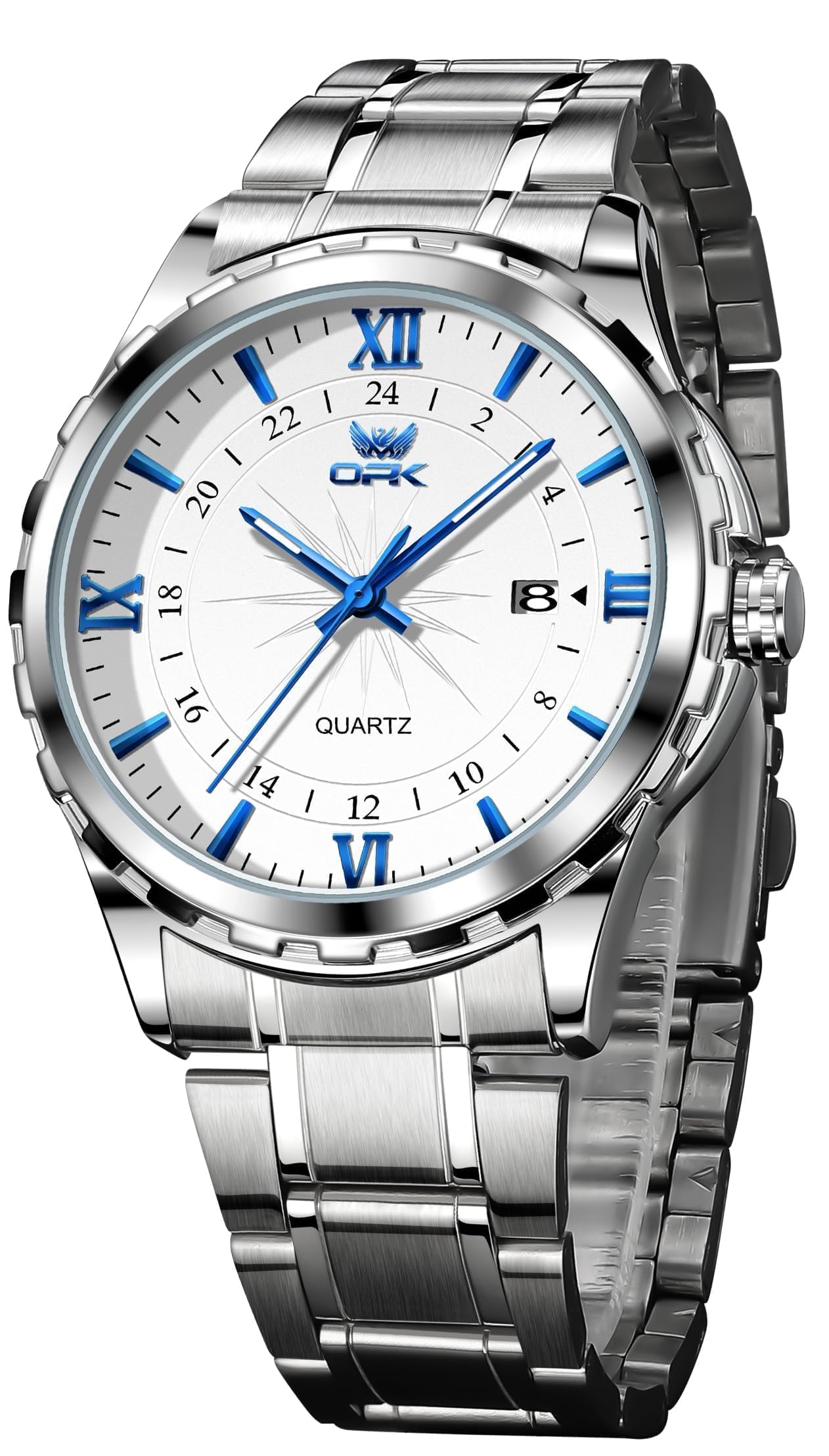 

OPK Men s Quartz Watch, Stylish, Classic, Stainless Steel, Date Display, Waterproof, Luminous, Blue, Perfect for School or Office