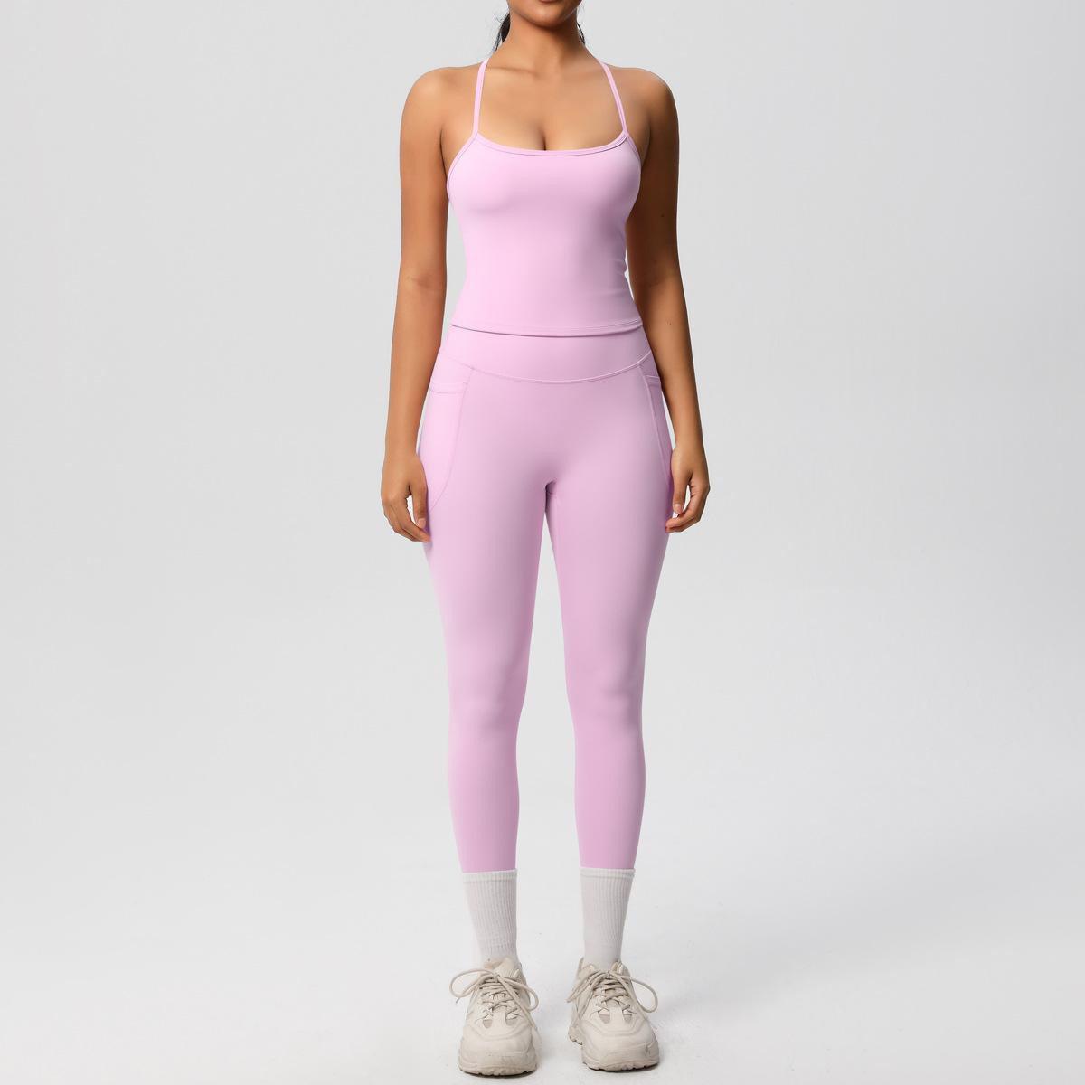 

Новый однотонный комплект для йоги с майкой и карманами для подтяжки бедер, облегающий спортивный костюм, спортивный костюм для фитнеса с ощущением облака, быстросохнущий, женский костюм XL