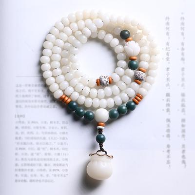 Bodhi Root Bracelet with White Jade Bodhi Seeds108Buddhist Beads for Reciting Sutras, Carved Fortune Bag Necklace, Barrel Beads, Prayer Beads for Men