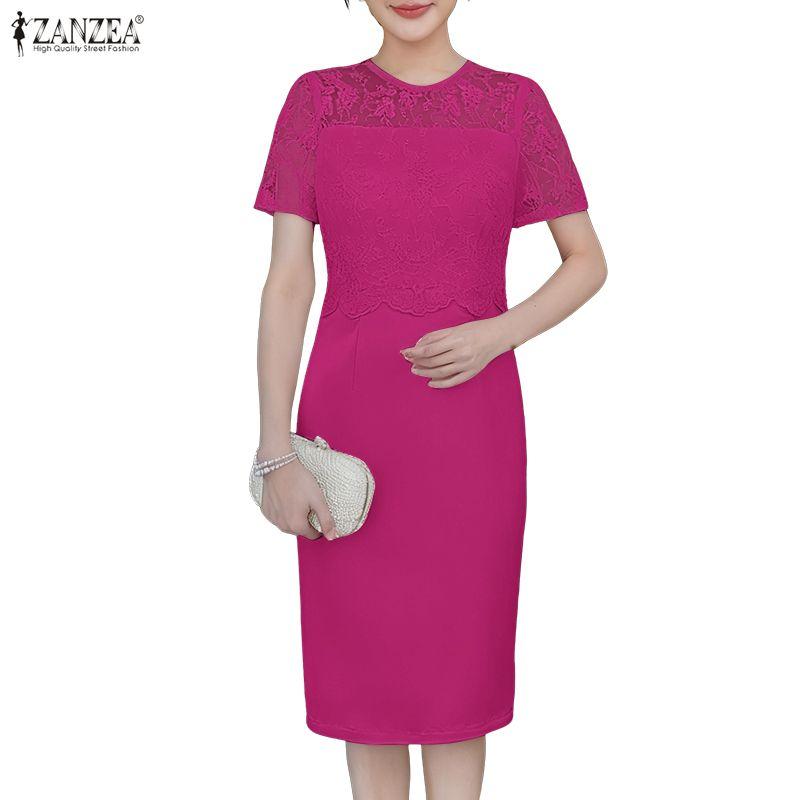 ZANZEA Women Lace Patchwork Round Neck Casual Short Sleeve Sheath Dress
