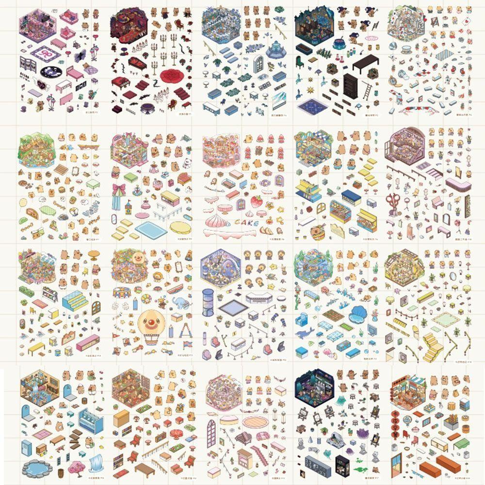 3D Miniature Scene Stickers Stacking Pasting Cartoon Cabin Scene DIY Sticker 20 Sences Landscape Sticker Collection Scrapbooking