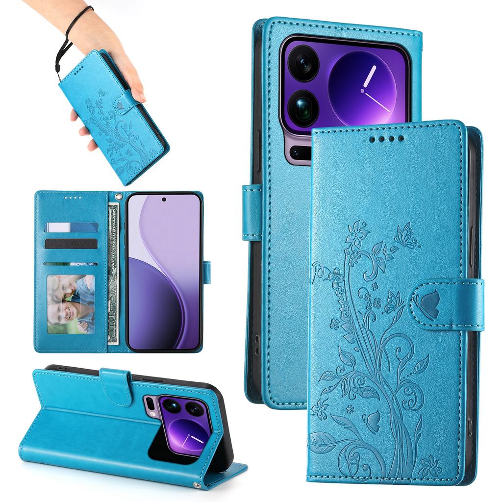 For Xiaomi 17 Pro Max Wallet Case Butterfly Floral Imprint PU Leather Phone Cover with Wrist Strap