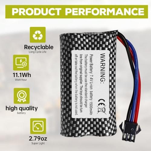 2PCS 1500mAh SM-3P Plug Lithium Battery with USB Charging Cable Compatible with DE43, DE60, RC Remote Control Car Batteries, 1575, and Toy Car Battery