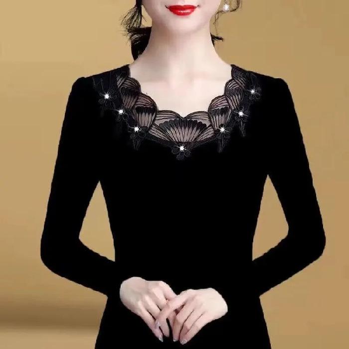 Thin Slim Base Shirt Autumn and Winter New Korean Version Lace Mesh Diamond-inlaid Long-sleeved T-shirt Female Student Top