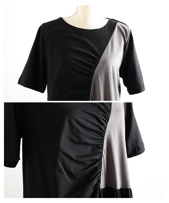 la color gathered design dress for flattering Free Black x [sawa á mode] Two-tone scheme, women. Short-sleeved, monochrome, asymmetrical, fit, casual,