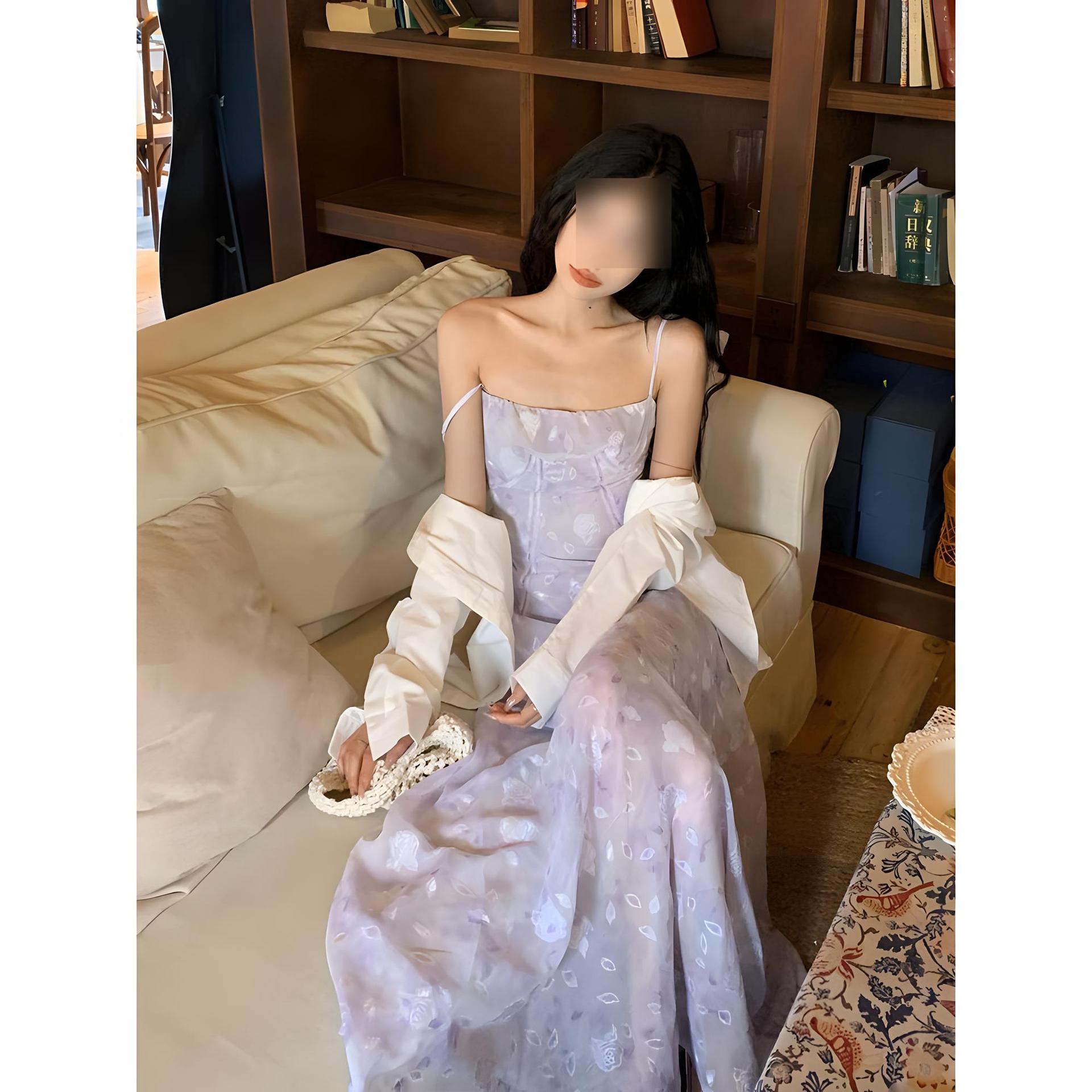 

Xiaofei sleeves gentle wind floral waist slim and thin square neck casual elegant dress XL- (recommended 110-60kg) фиолетовый