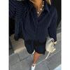 Women Lace Splicing Striped Long Sleeve Shirt And Drawstring Shorts Two Piece Set