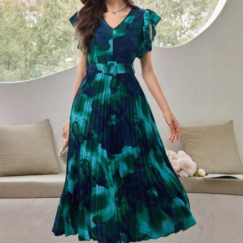 Women's Summer Wooden Ear Edge Patchwork Belt Buckle Decorative Pleated Waist Tie-dye Vintage Print Dress