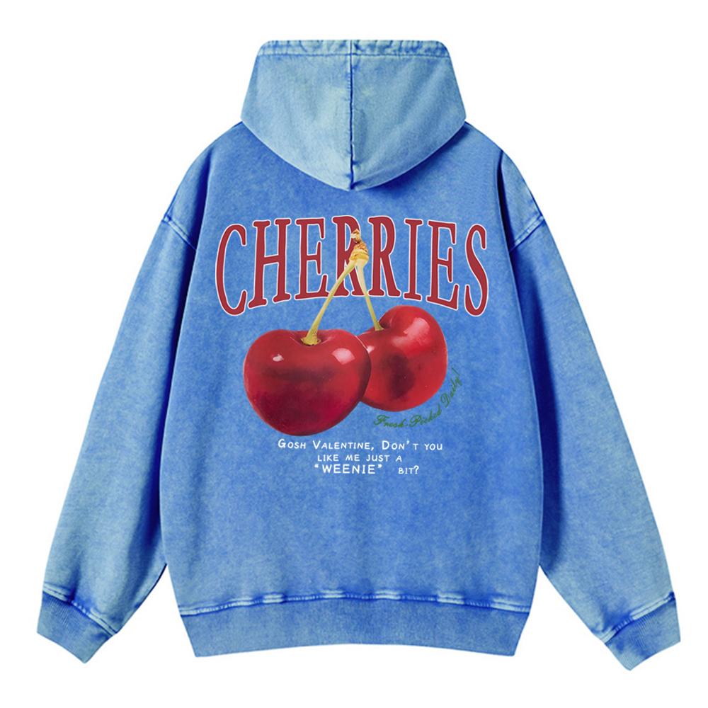 Trend Women Acid Wash Hoodies Fresh Red Cherries Prints Sweatshirts Oversize Pocket Cotton Pullovers Street Female