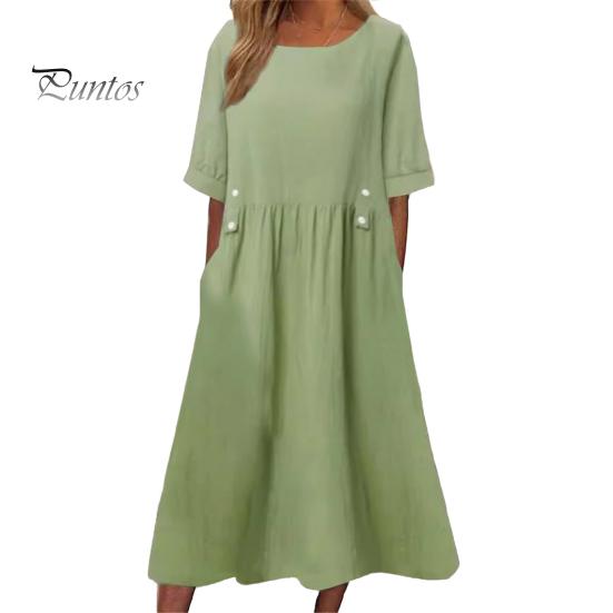 

Летнее платье с карманами, круглым вырезом, свободной талией, короткими рукавами, длиной до икры, однотонное платье миди для работы, школы, свиданий M светло-зеленый