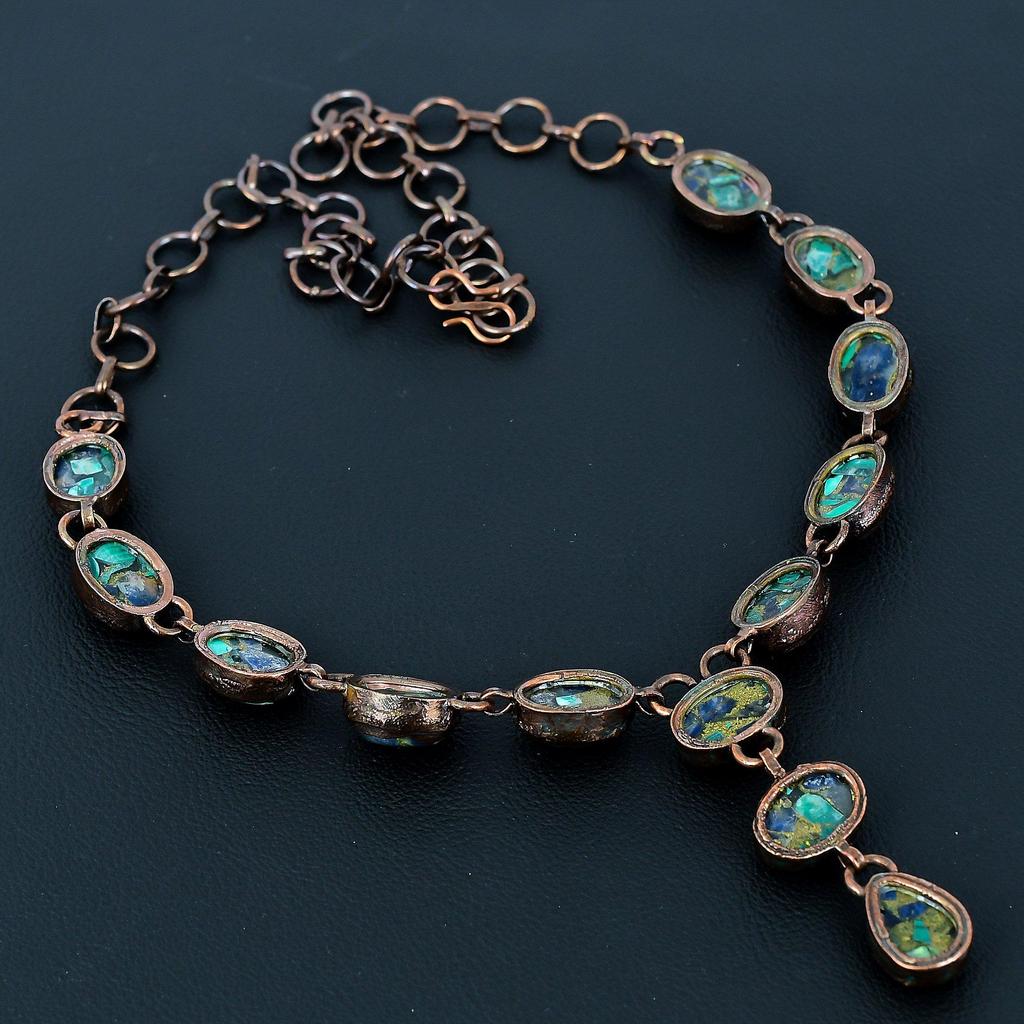 Copper Azurite Malachite Copper Electroformed Necklace with Adjustable Chain, Handmade Gemstone Jewelry Necklace For Memorial Day